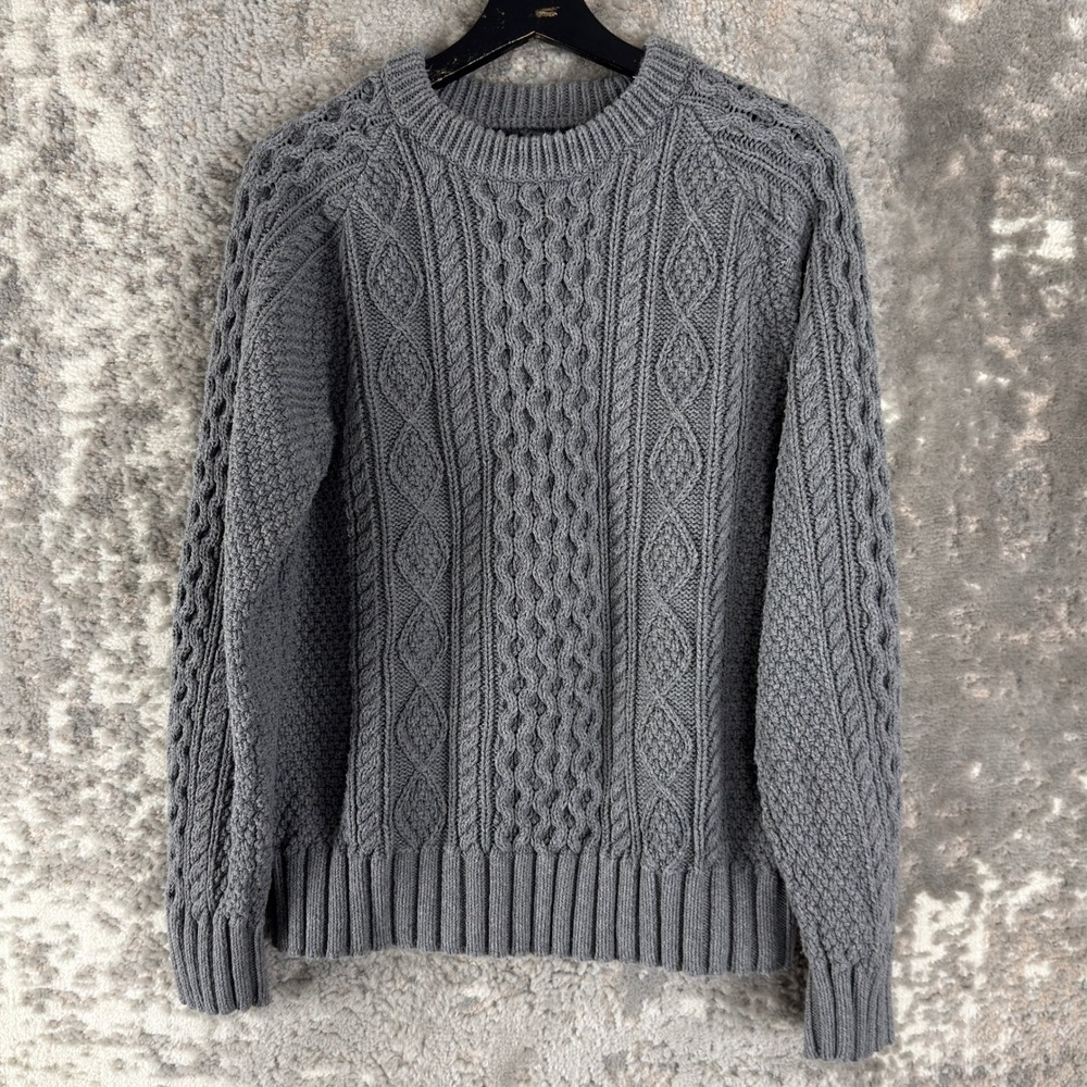 LL Bean Signature Size M Cable Knit Cotton Pullover Sweater Gray Long Sleeve Wmn